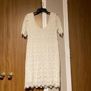 White Lace Overlay Sheath Dress , below the knees, used once, semi-wedding dress